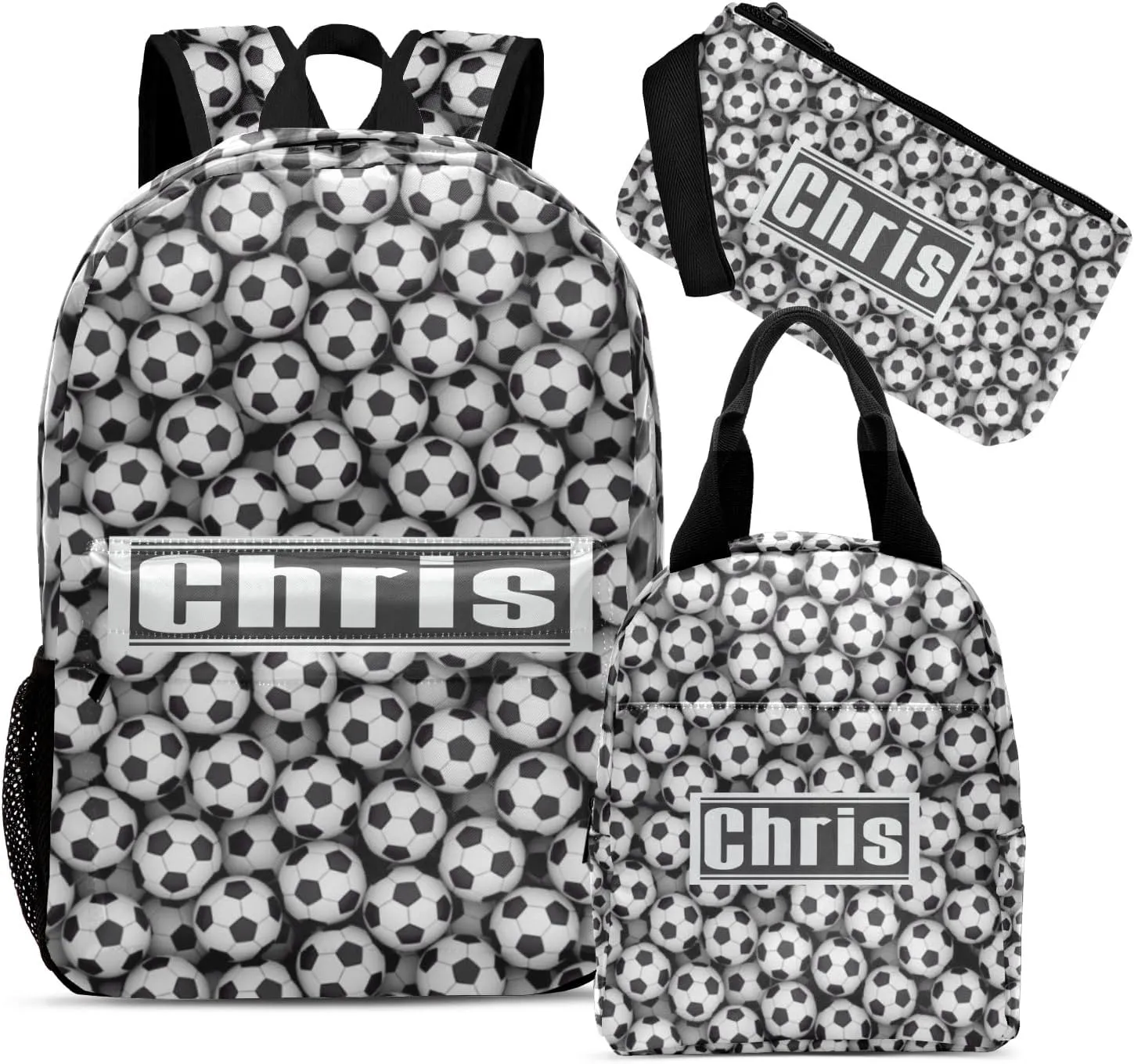 Personalized Black White Soccer Student Backpacks Set with Name Large Unique 1Lunch Handbag  1Pencil Case  1Schoolbag
