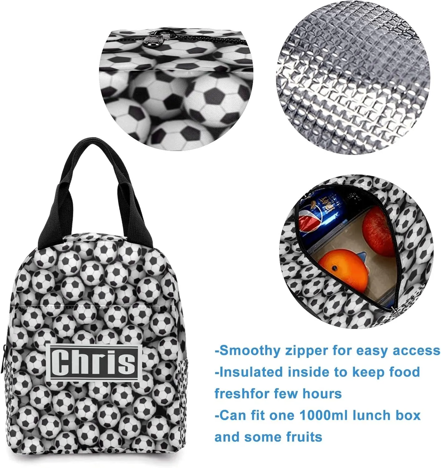 Personalized Black White Soccer Student Backpacks Set with Name Large Unique 1Lunch Handbag  1Pencil Case  1Schoolbag