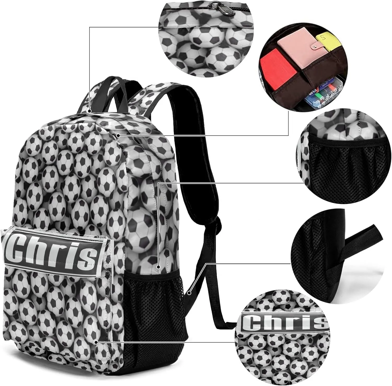 Personalized Black White Soccer Student Backpacks Set with Name Large Unique 1Lunch Handbag  1Pencil Case  1Schoolbag