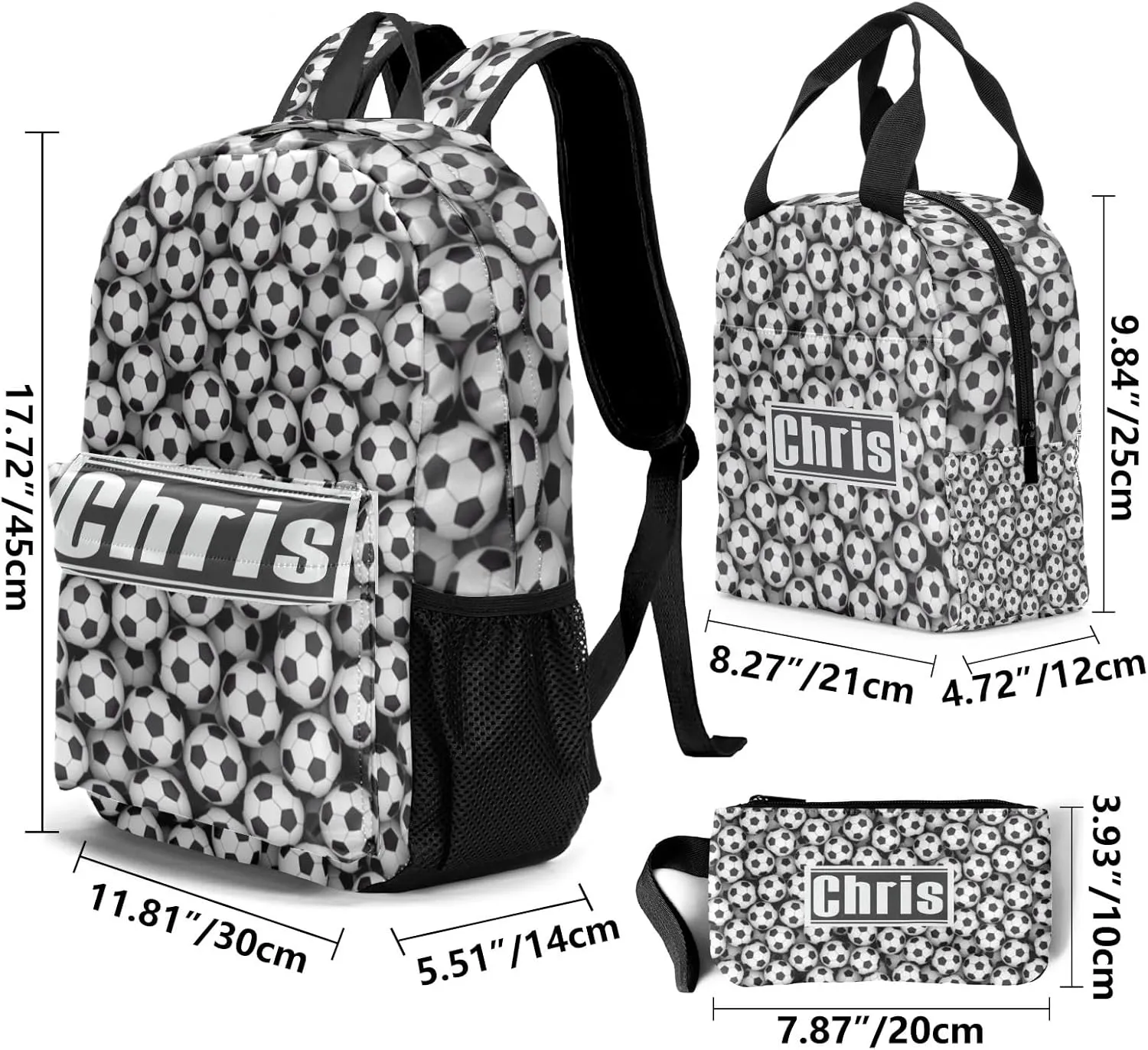 Personalized Black White Soccer Student Backpacks Set with Name Large Unique 1Lunch Handbag  1Pencil Case  1Schoolbag