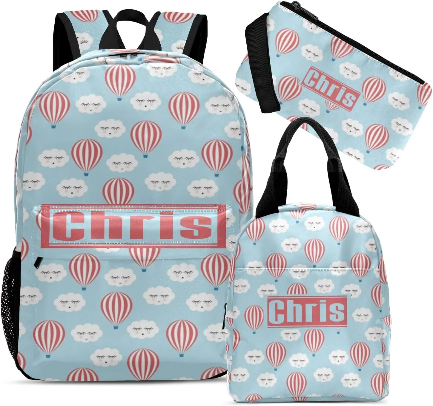 Personalized Cloud Balloon Student Backpacks Set with Name Large Unique 1Lunch Handbag  1Pencil Case  1Schoolbag