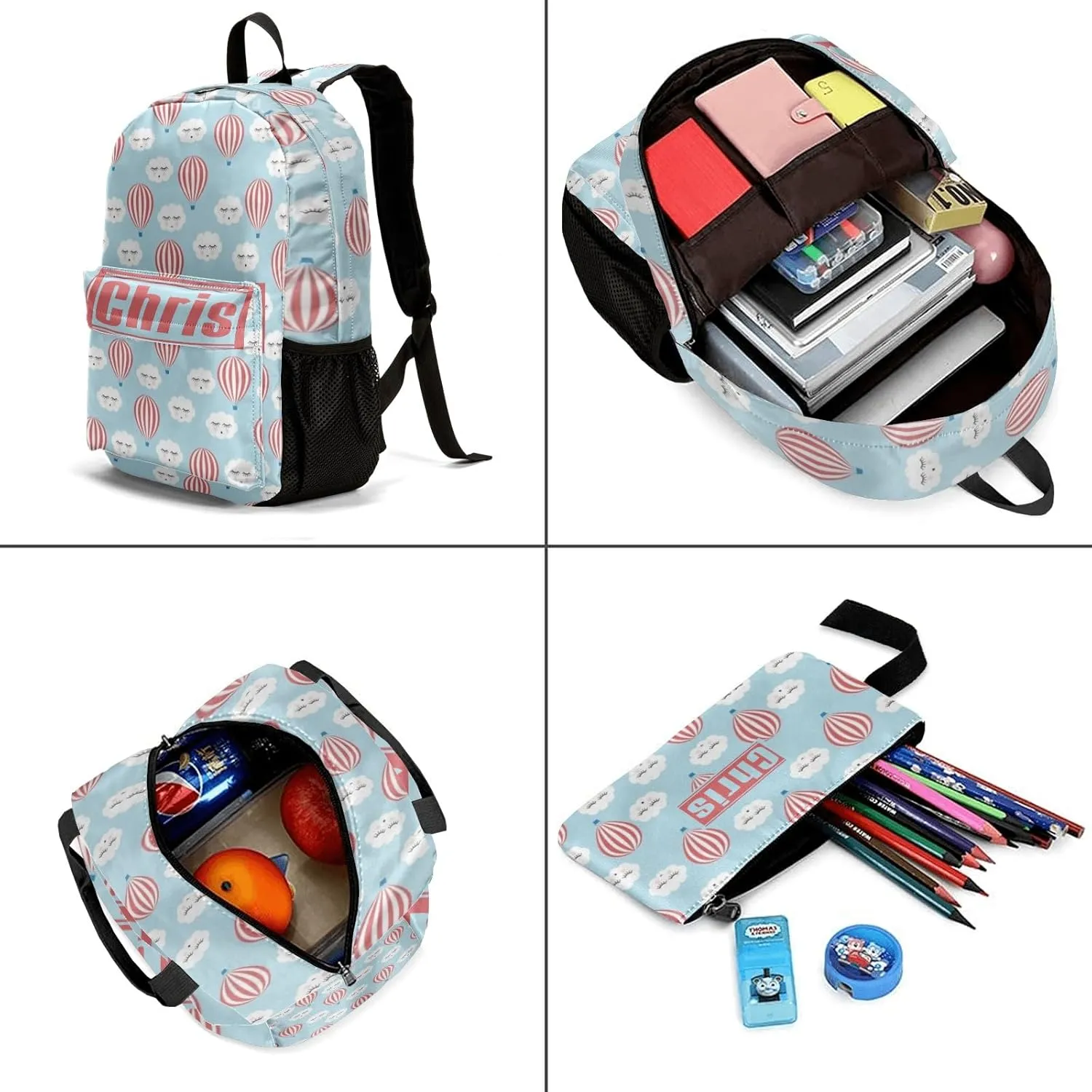 Personalized Cloud Balloon Student Backpacks Set with Name Large Unique 1Lunch Handbag  1Pencil Case  1Schoolbag