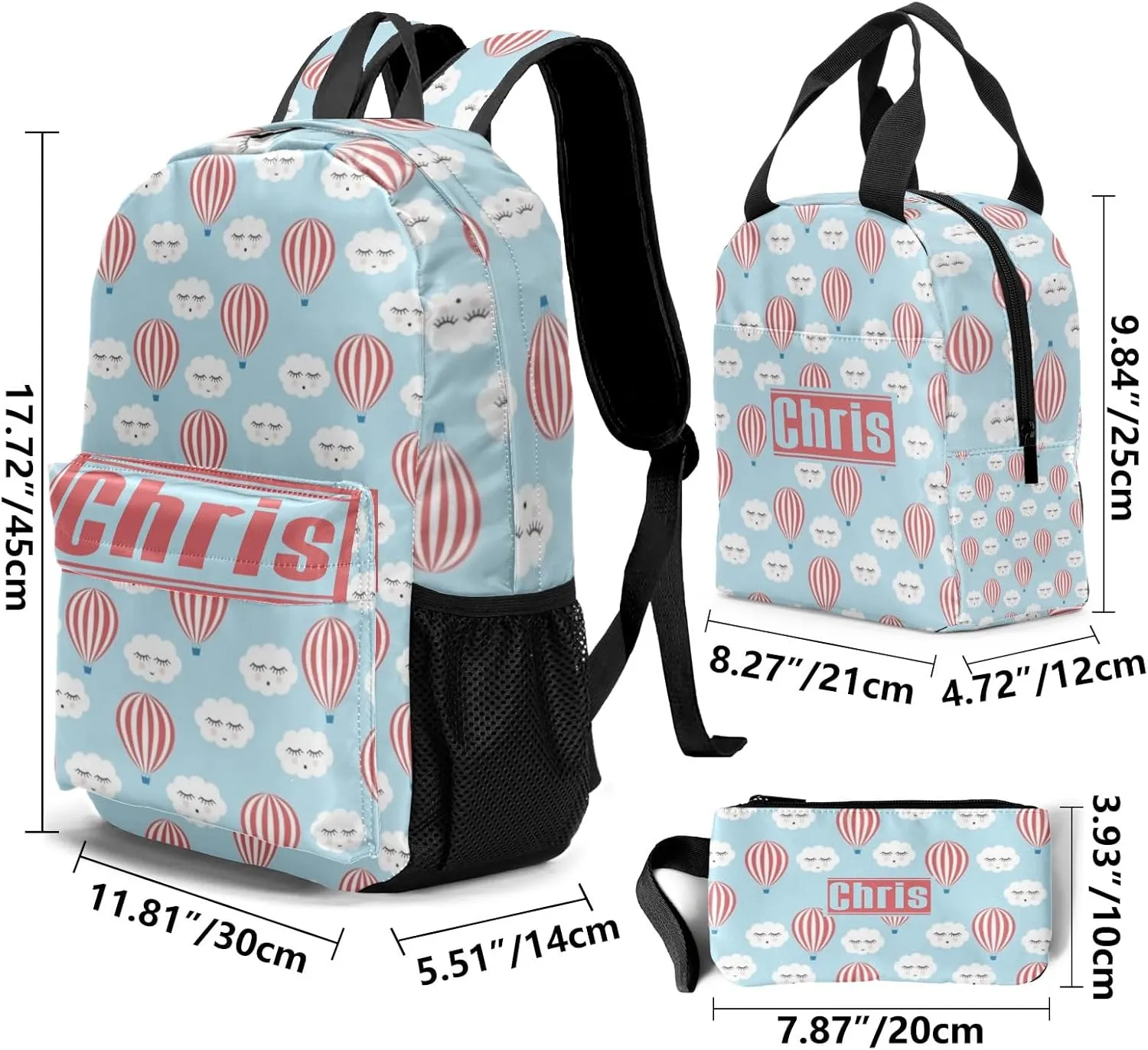 Personalized Cloud Balloon Student Backpacks Set with Name Large Unique 1Lunch Handbag  1Pencil Case  1Schoolbag