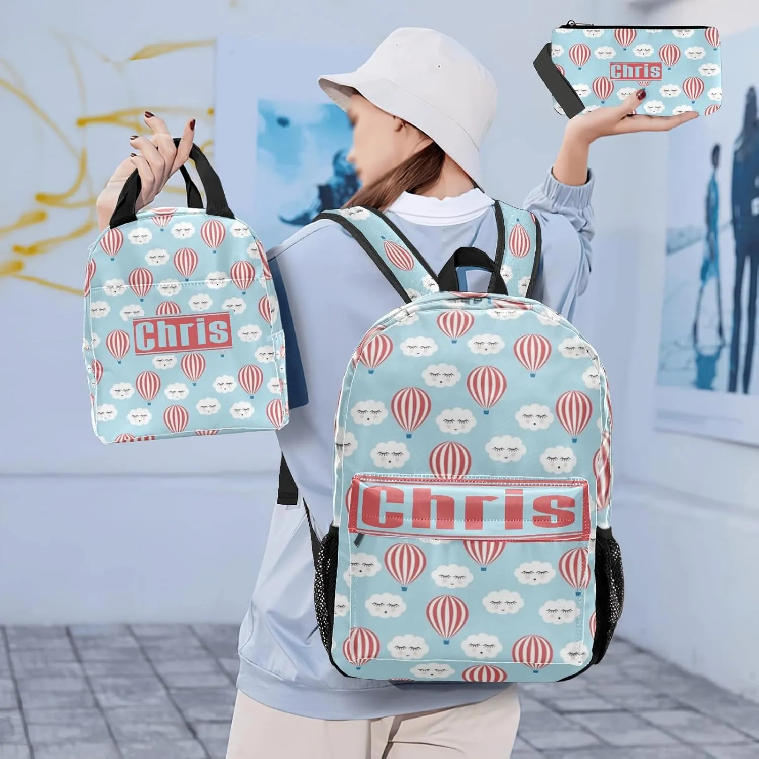 Personalized Cloud Balloon Student Backpacks Set with Name Large Unique 1Lunch Handbag  1Pencil Case  1Schoolbag