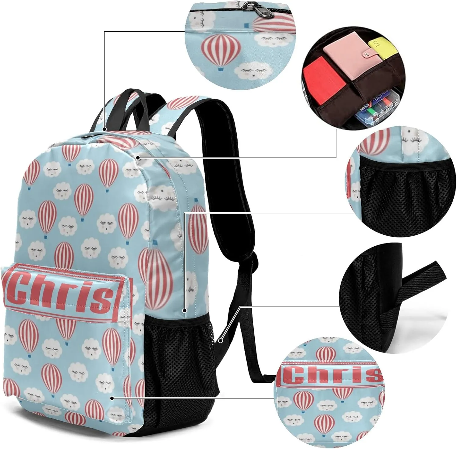 Personalized Cloud Balloon Student Backpacks Set with Name Large Unique 1Lunch Handbag  1Pencil Case  1Schoolbag