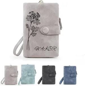 Personalized Wallet Custom Birth Flower & Name, Simple High-end Flowers, Wristlet Wallets for Women, Leather Wallets for Women, Teen Girl Christmas Gifts 2024, Wallet Women (Khaki)