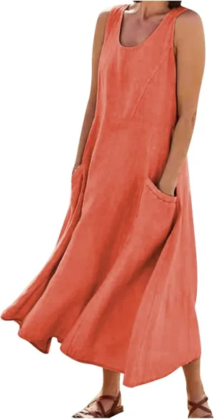 Plus Size Summer Dresses for Women 2025, Sleeveless Casual Cotten Linen Maxi Dress Hawaii Tropical Beach Tank Dress