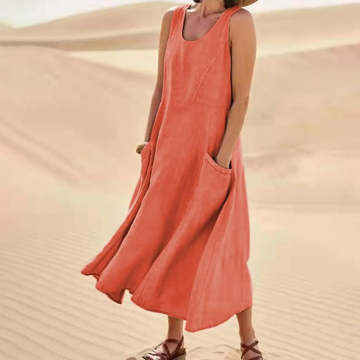 Plus Size Summer Dresses for Women 2025, Sleeveless Casual Cotten Linen Maxi Dress Hawaii Tropical Beach Tank Dress