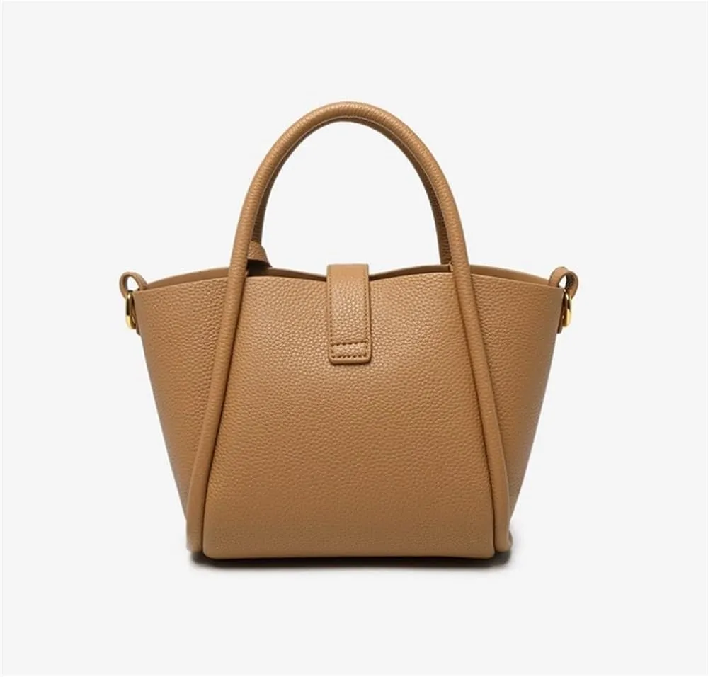 Popular Large Bag Genuine Leather Women's Bag Bucket Bag Work Handbag Messenger Bag High-end(Khaki)