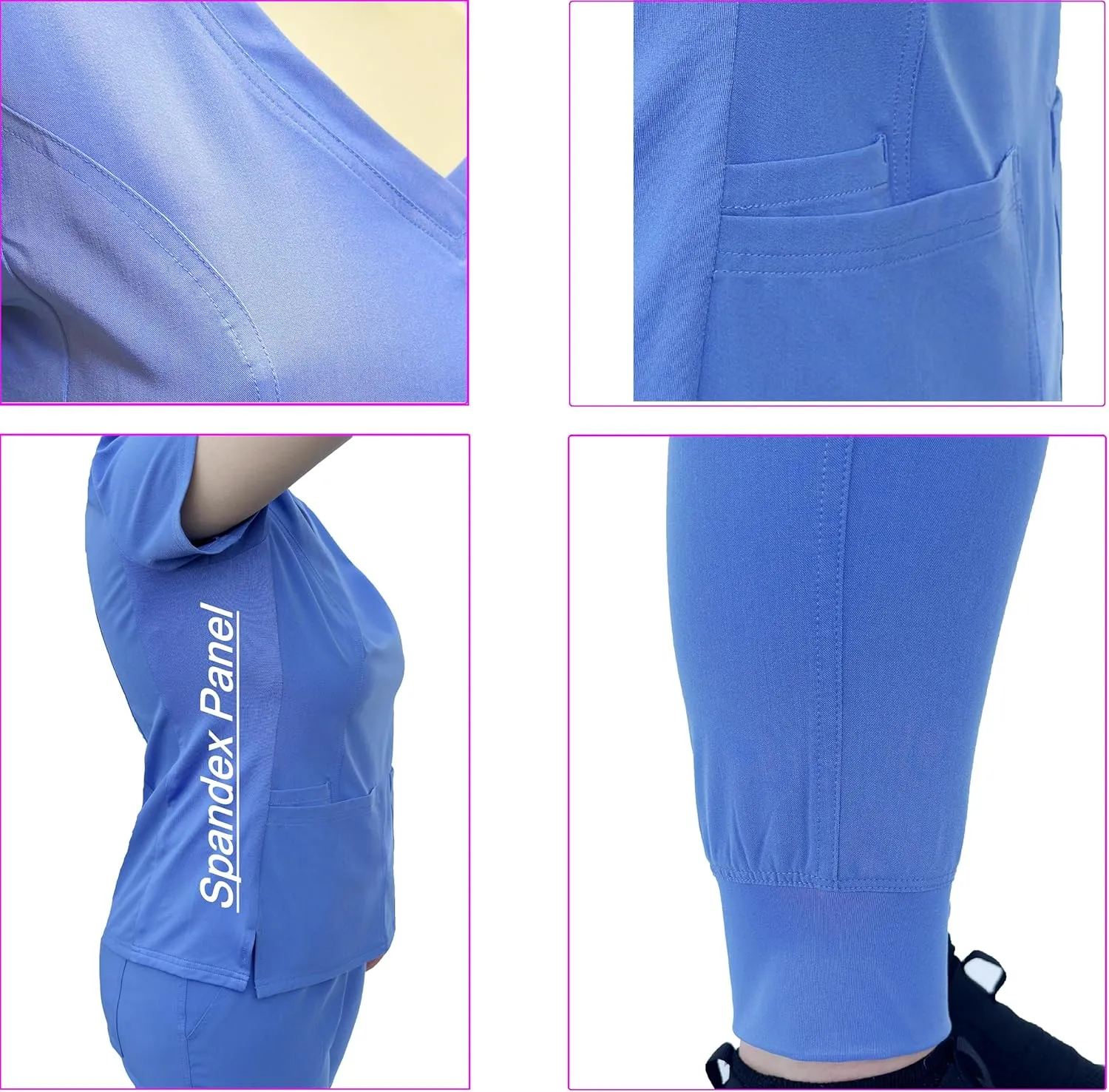 PREMIUM Jogger Scrubs for Women Set. Side Spandex 2 Pockets Top/Tapered Leg Jogger Pants. Soft and Stretchy.