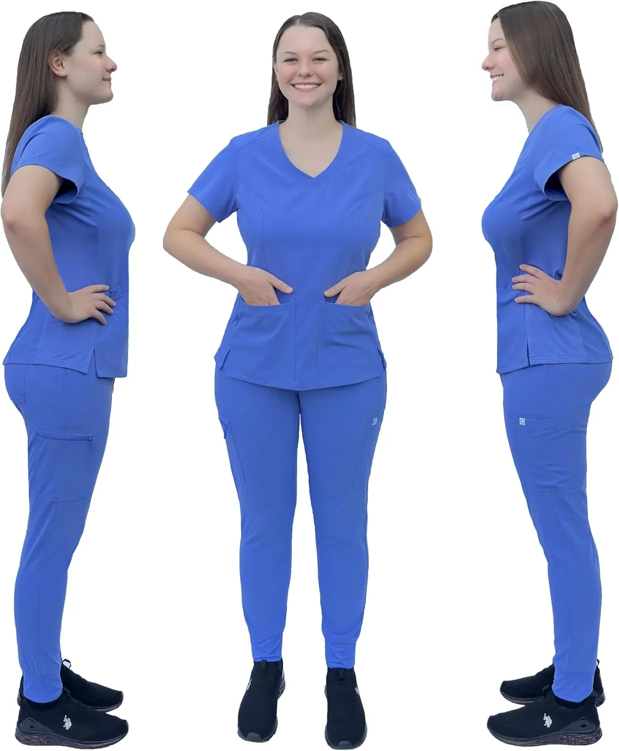 PREMIUM Jogger Scrubs for Women Set. Side Spandex 2 Pockets Top/Tapered Leg Jogger Pants. Soft and Stretchy.