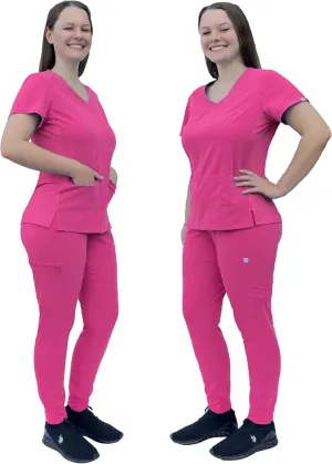 PREMIUM Jogger Scrubs for Women Set. Side Spandex 2 Pockets Top/Tapered Leg Jogger Pants. Soft and Stretchy.