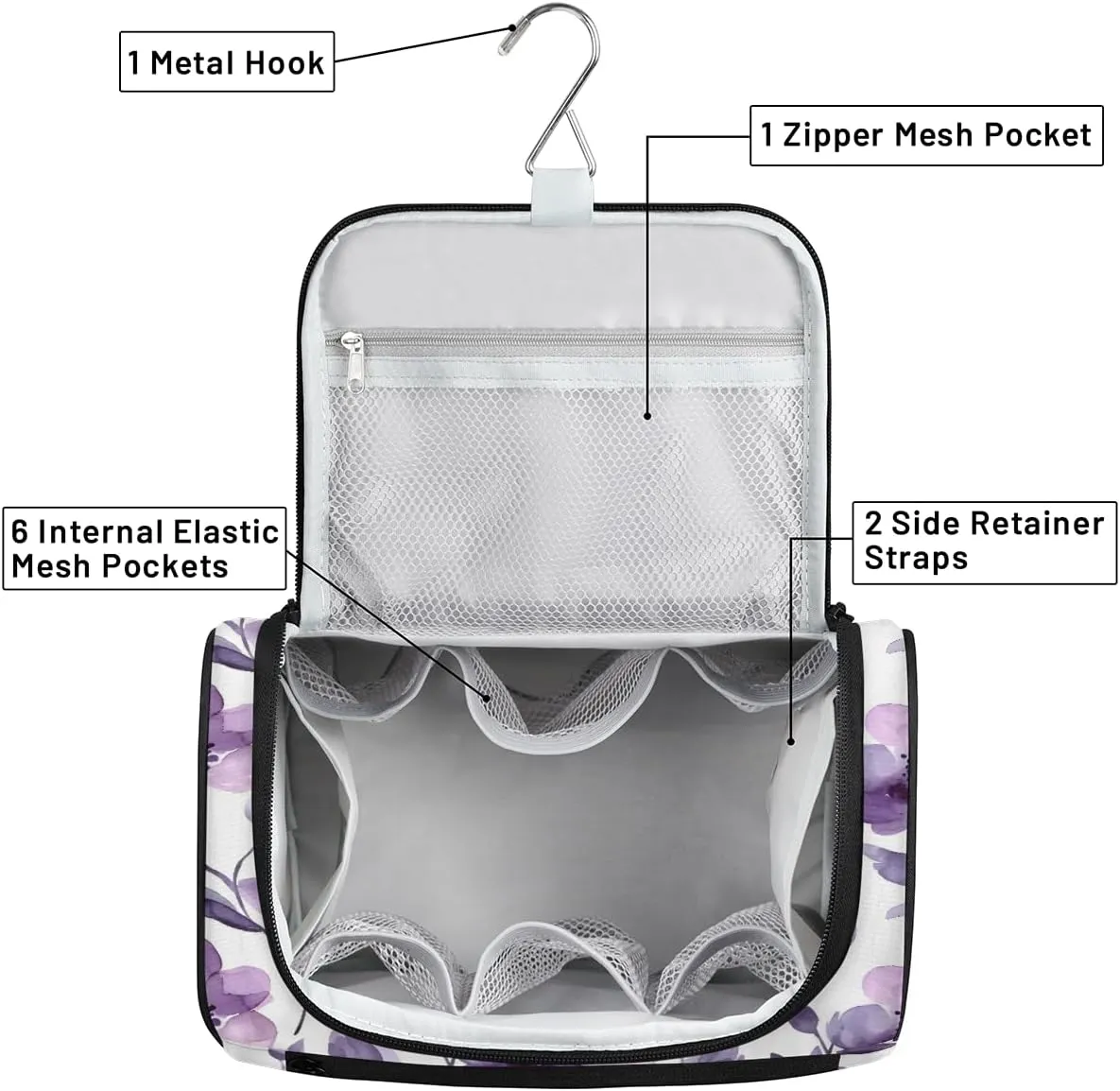 Purple Floral Wildflower Flower Travel Toiletry Bag for Men and Women, Large Hanging Makeup Bag Organizer Toiletries Bag for Travel, Cosmetic Bag with Handle