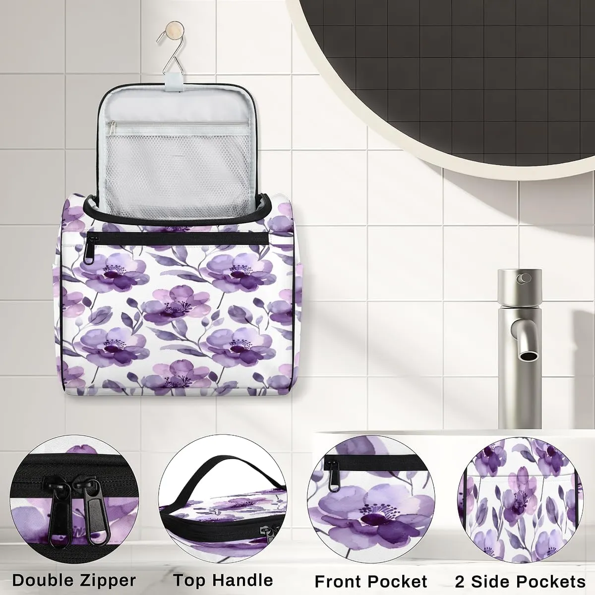 Purple Floral Wildflower Flower Travel Toiletry Bag for Men and Women, Large Hanging Makeup Bag Organizer Toiletries Bag for Travel, Cosmetic Bag with Handle