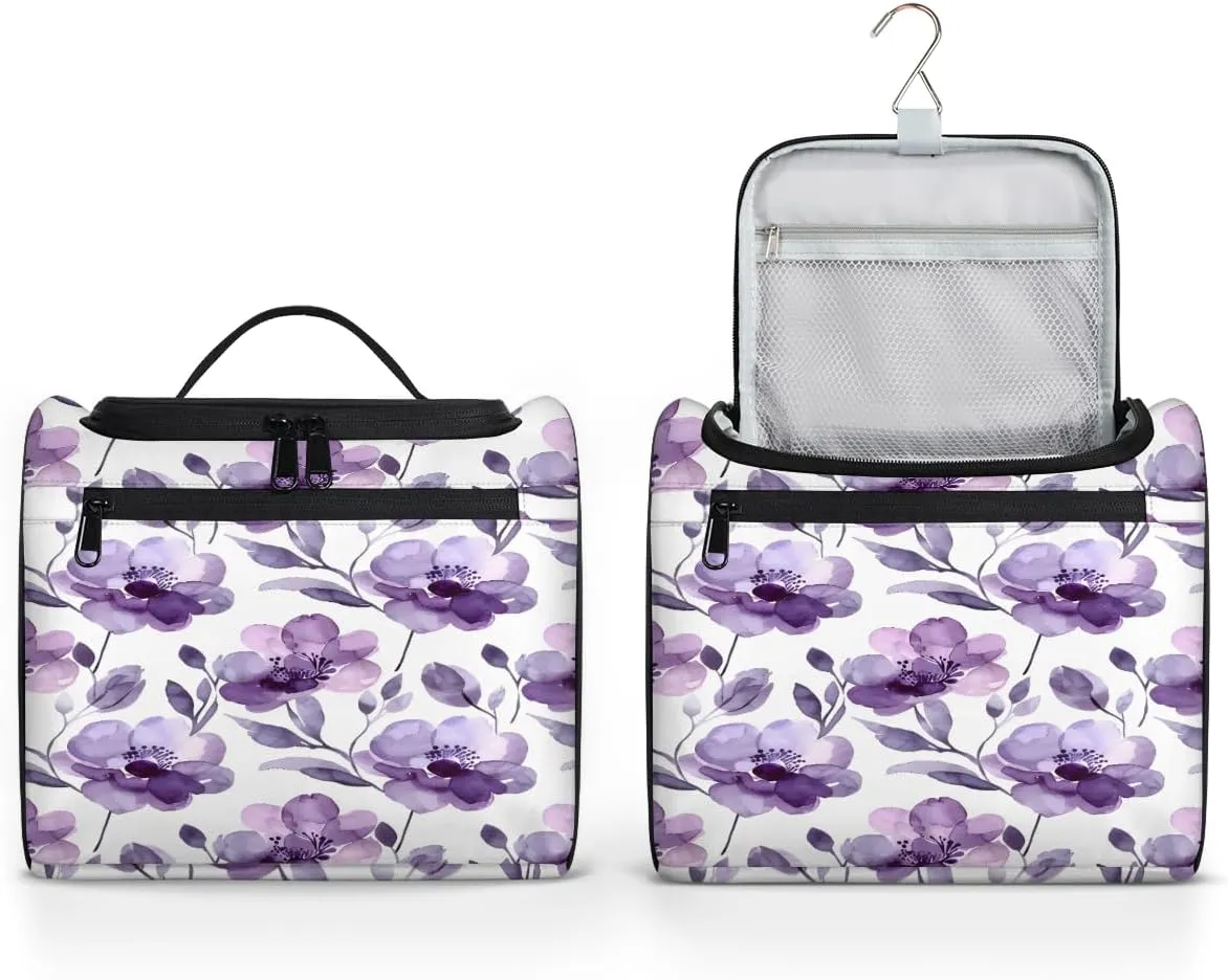 Purple Floral Wildflower Flower Travel Toiletry Bag for Men and Women, Large Hanging Makeup Bag Organizer Toiletries Bag for Travel, Cosmetic Bag with Handle