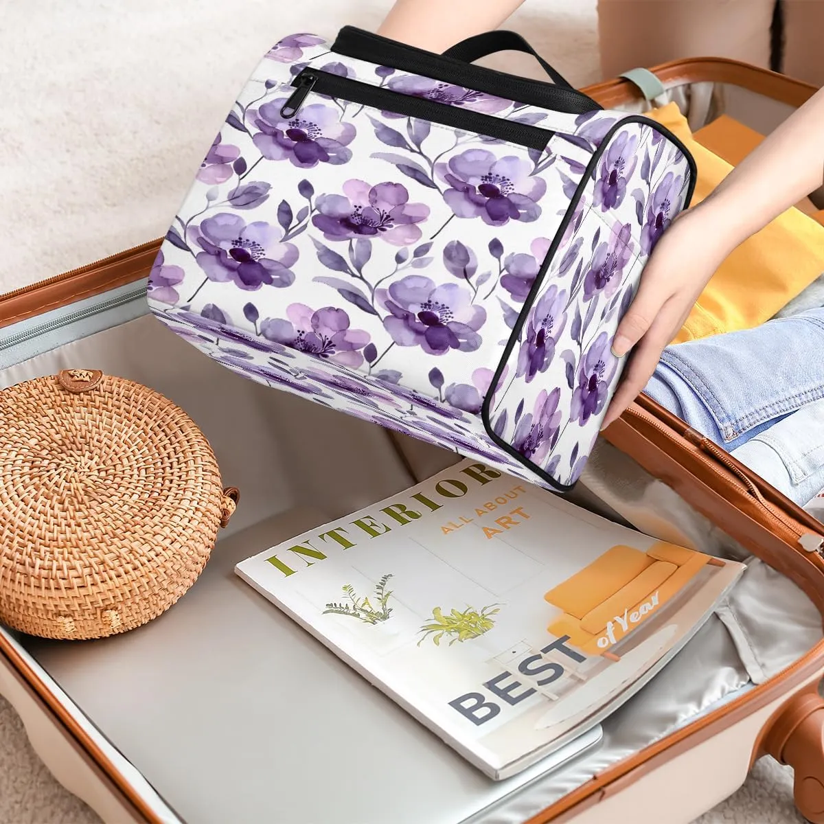 Purple Floral Wildflower Flower Travel Toiletry Bag for Men and Women, Large Hanging Makeup Bag Organizer Toiletries Bag for Travel, Cosmetic Bag with Handle