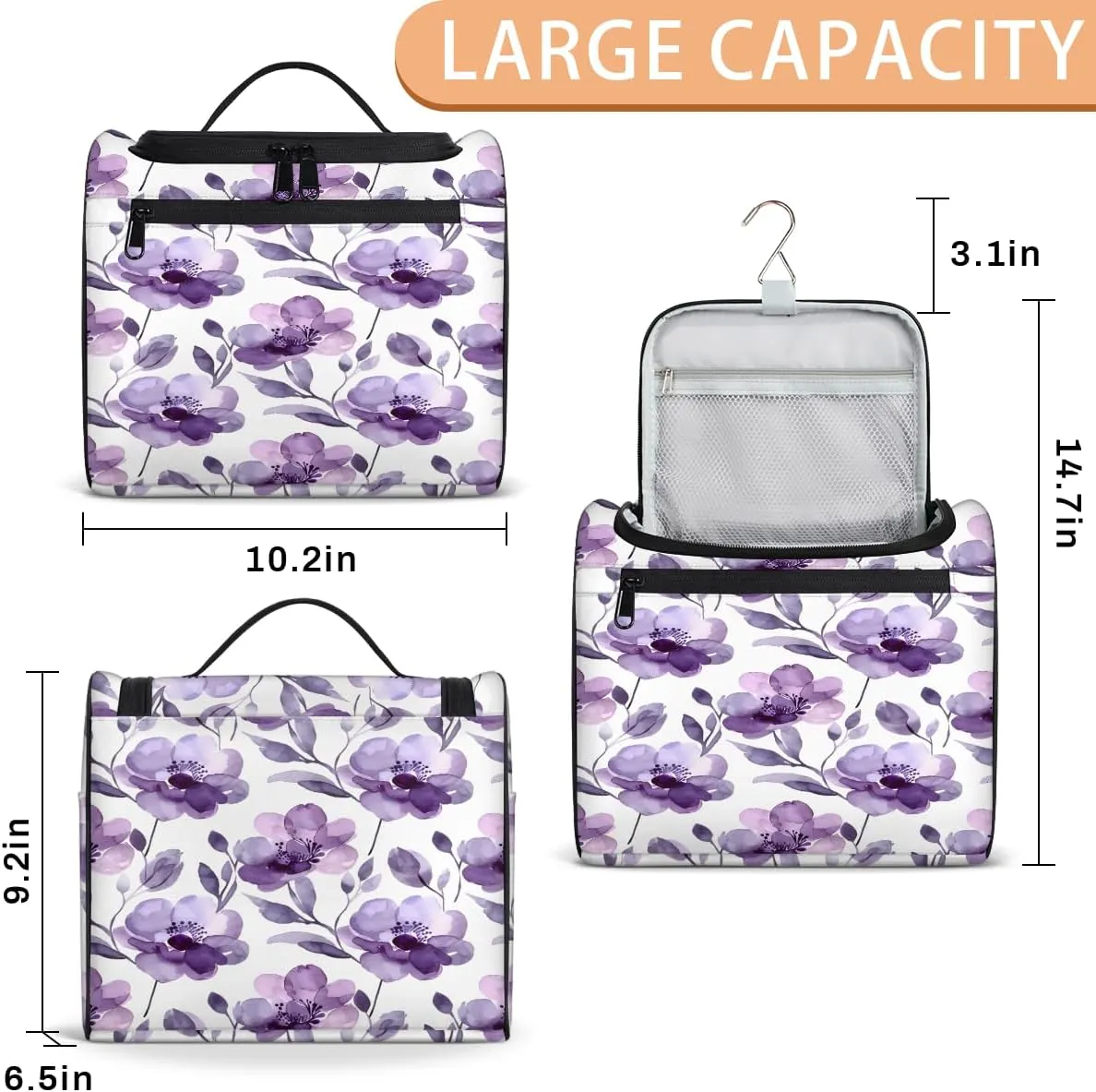 Purple Floral Wildflower Flower Travel Toiletry Bag for Men and Women, Large Hanging Makeup Bag Organizer Toiletries Bag for Travel, Cosmetic Bag with Handle