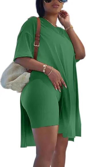 qfmqkpi Womens Casual 2 Piece Outfits V Neck Side Split Tops and Shorts Set Tracksuit