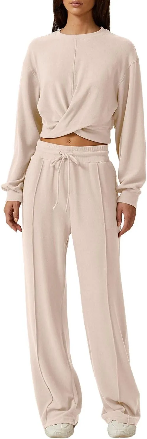 QINSEN Women 2 Piece Outfits Sweatsuit Set Twist Front Cropped Sweatshirt Wide Leg Sweatpant Lounge Set Tracksuit