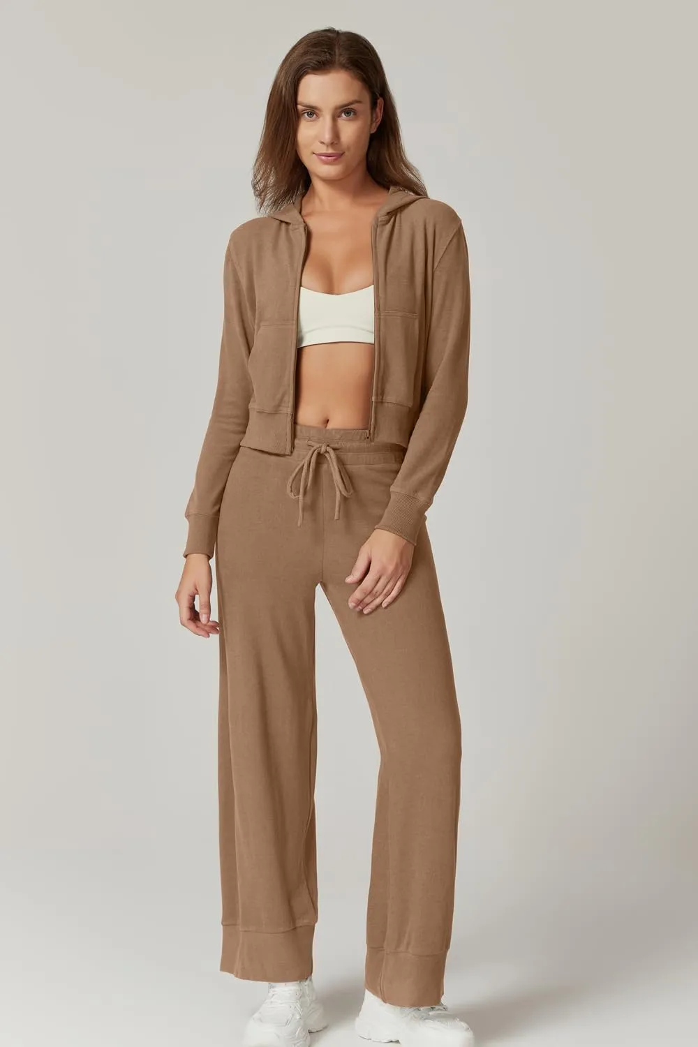 QINSEN Women's Two Piece Outfits Long Sleeve Full-Zip Hoodie and Wide Leg Pants Tracksuit Lounge Matching Set