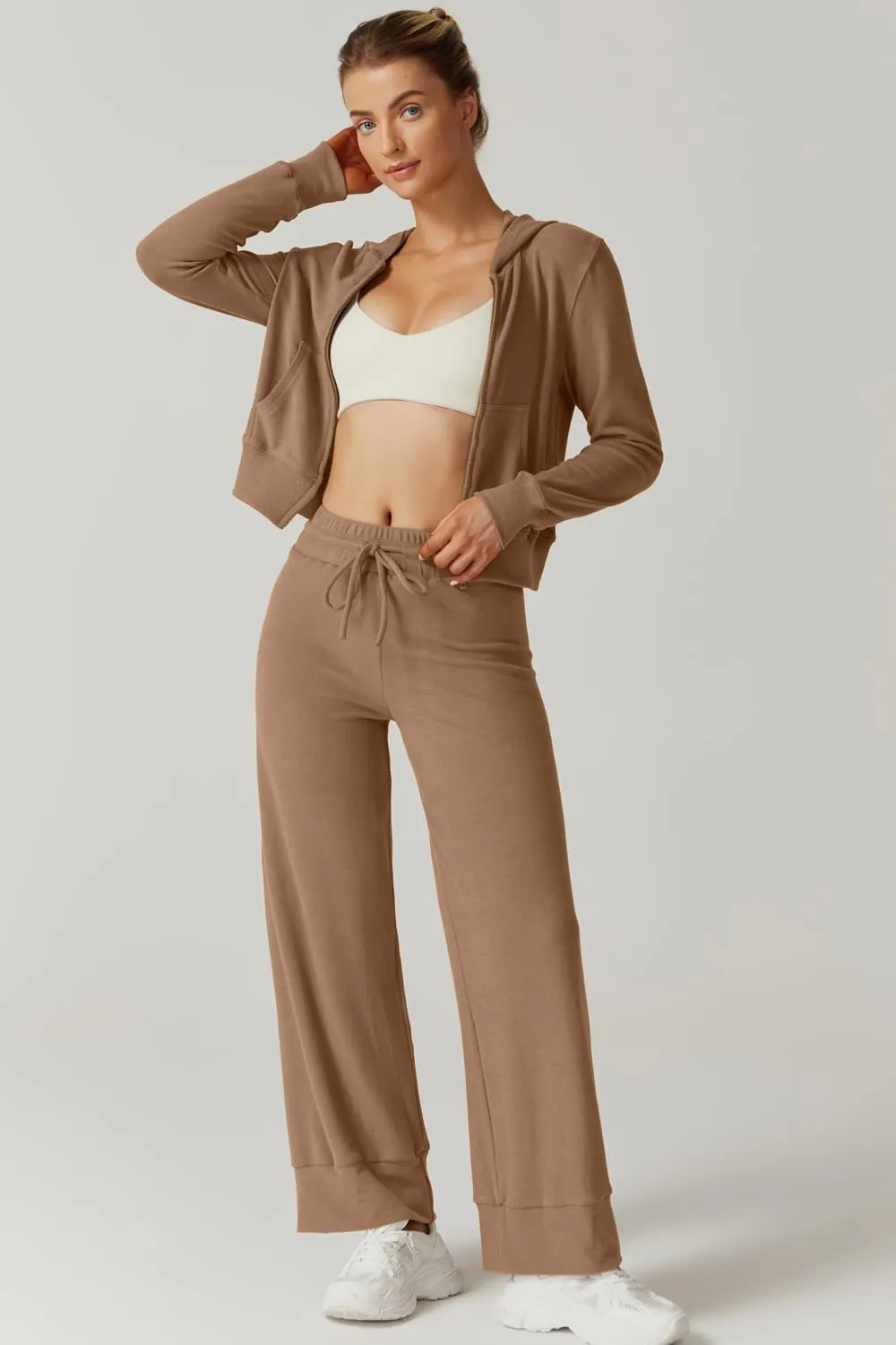 QINSEN Women's Two Piece Outfits Long Sleeve Full-Zip Hoodie and Wide Leg Pants Tracksuit Lounge Matching Set