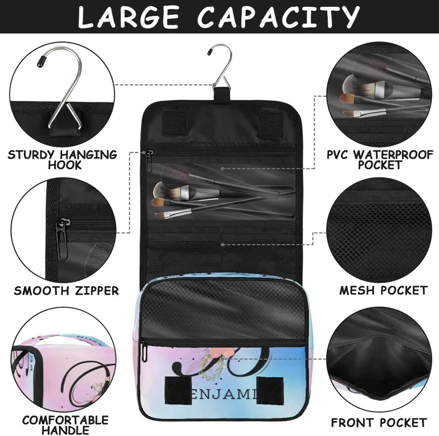 QsirBC Personalized Hanging Toiletry Bag Customized Portable Cosmetic Bag with Name Suitable for Women Men Bathroom Camping Shampoo Toiletries Flower