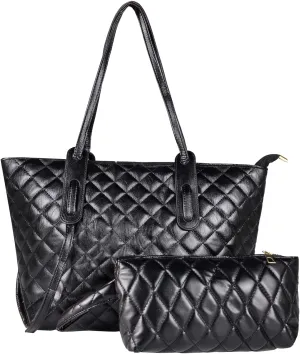 Quilted Tote Bag Set, 2pcs Leather Shoulder Bag Wristlet Wallet for Women Lightweight Large Top Zipper Handbag Purse for Work Travel