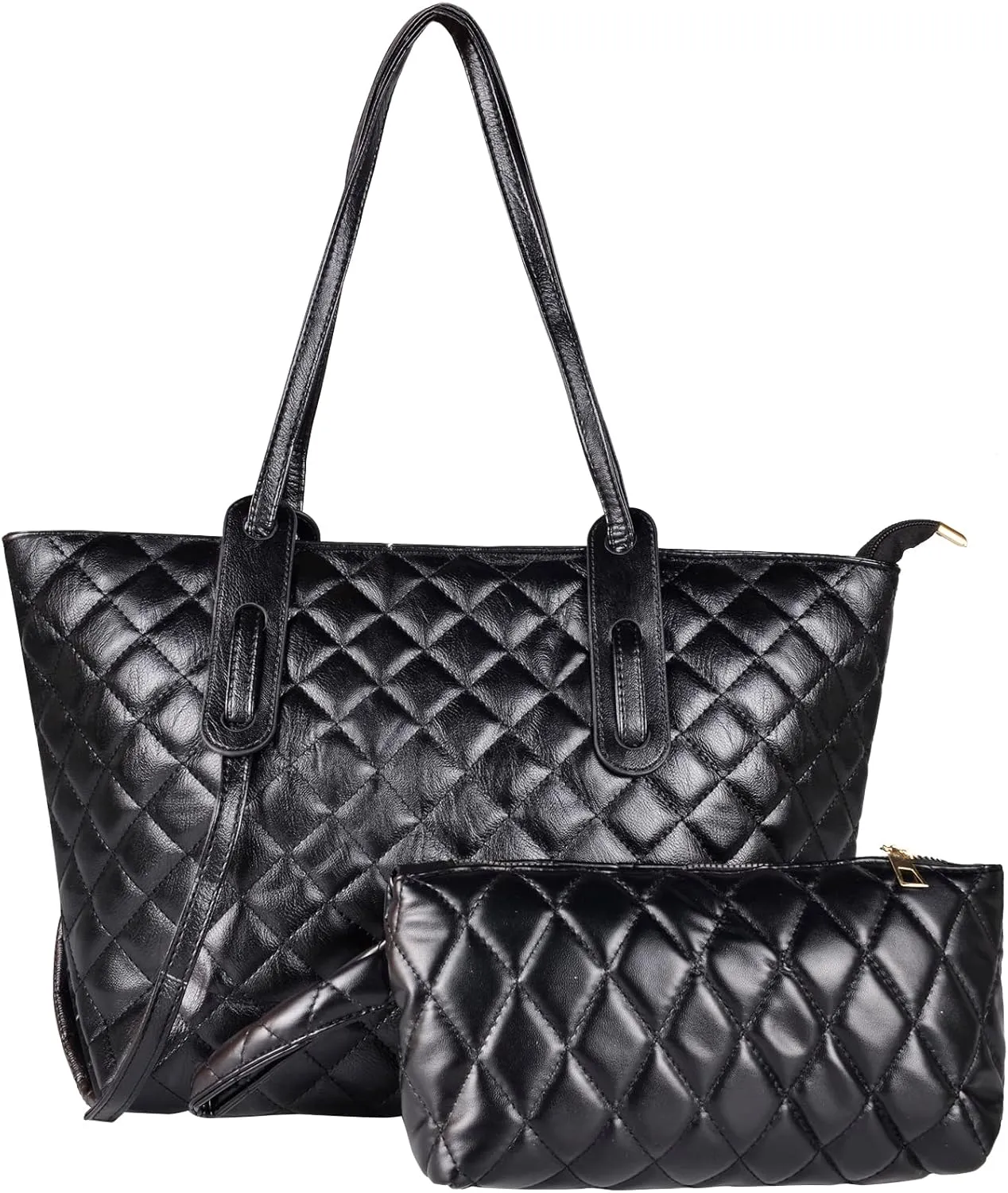 Quilted Tote Bag Set, 2pcs Leather Shoulder Bag Wristlet Wallet for Women Lightweight Large Top Zipper Handbag Purse for Work Travel