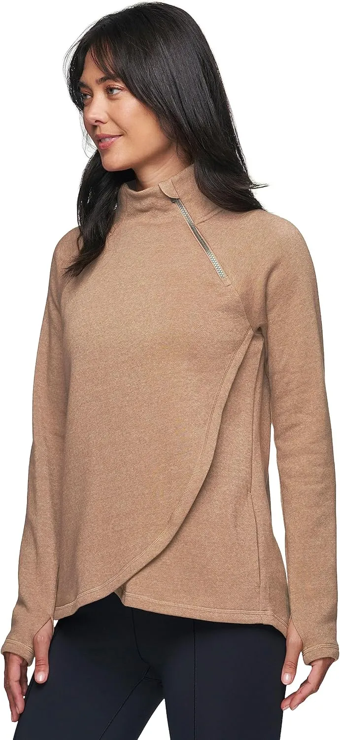 RBX Activewear Women's Fleece Sweatshirt Fashion Pullover With Pockets, Zip Mock Neck and Thumb Holes