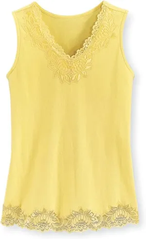 SAGEFINDS Lace Trim Tank | V Neck Top for Women | Dressy Summer Camisole | Sleeveless Cami | Soft 100% Cotton Shirt