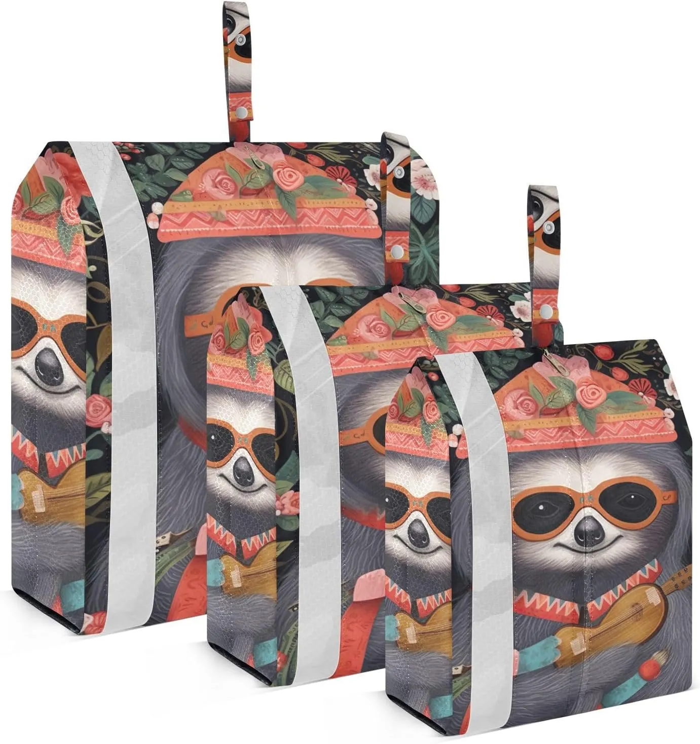 Sloth and Flowers Packing Cubes Set of 3, Lightweight Travel Luggage Organizers Foldable Bags for Easy Packing and Organization