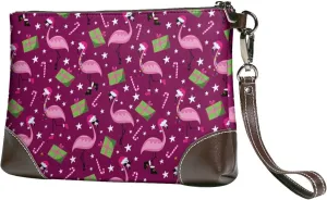 Small Clutch Purses for Women - Festive Flamingos Leather Wristlet Wallets for Women with Wrist Strap