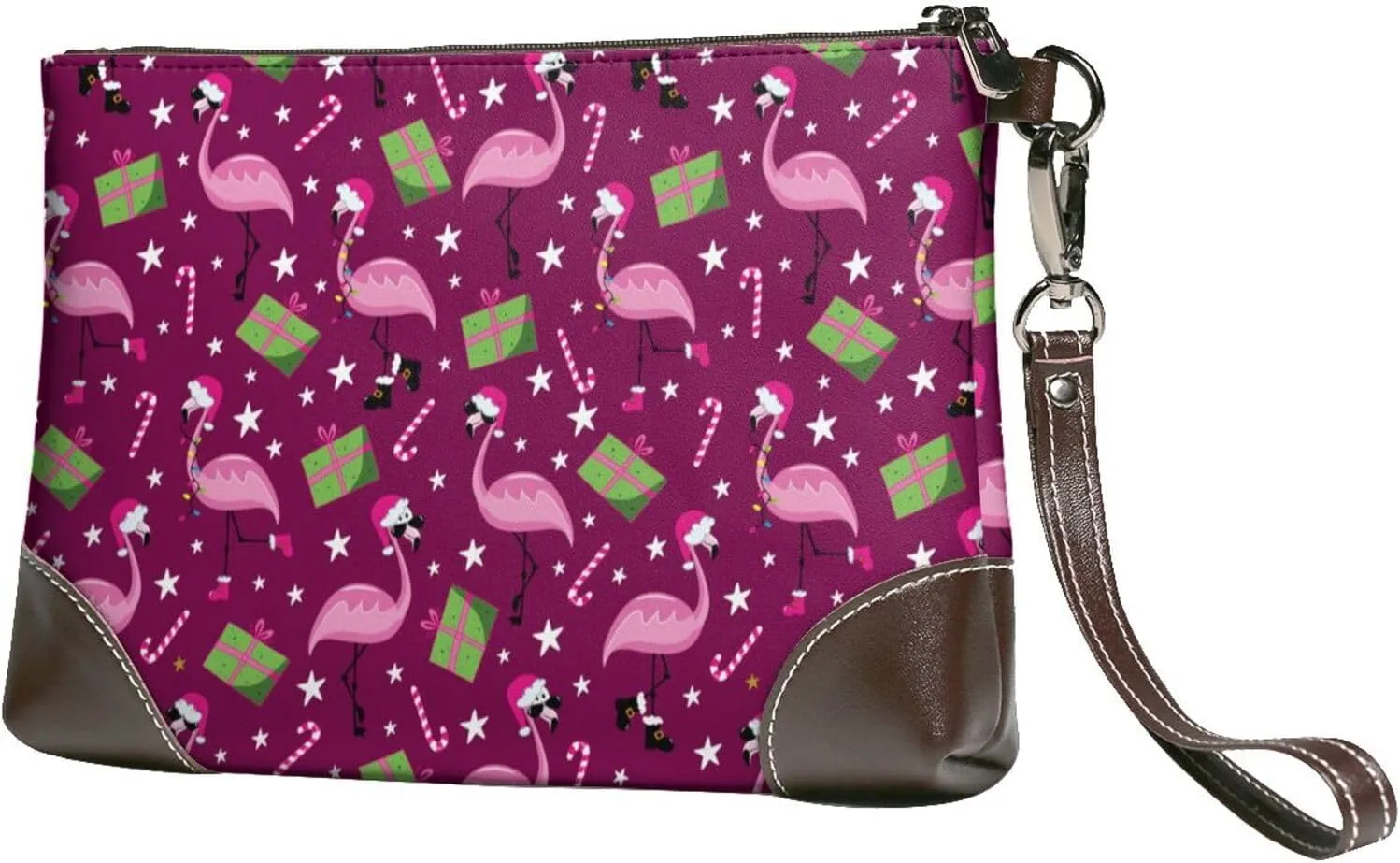 Small Clutch Purses for Women - Festive Flamingos Leather Wristlet Wallets for Women with Wrist Strap