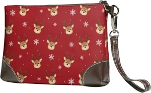 Small Clutch Purses for Women - Reindeer Faces Festive Red Leather Wristlet Wallets for Women with Wrist Strap