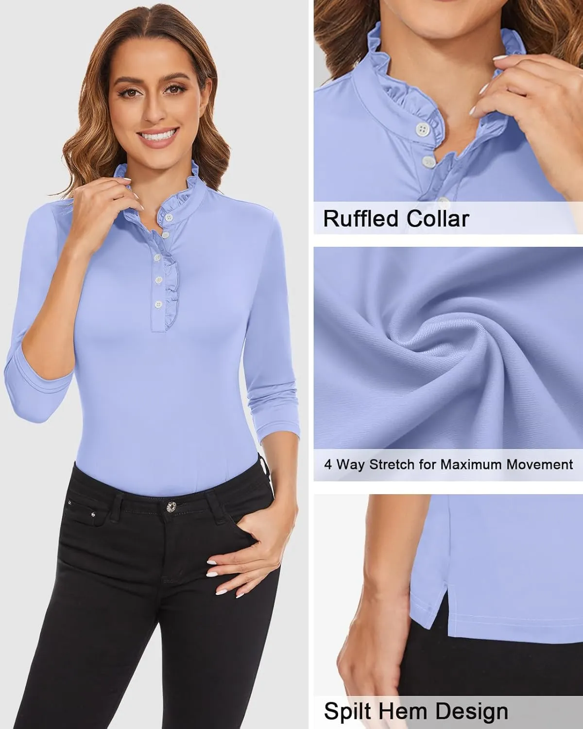Soneven Womens 3/4 Sleeve Golf Shirts Ruffle Henley Collared Button Down Shirt Work Blouse