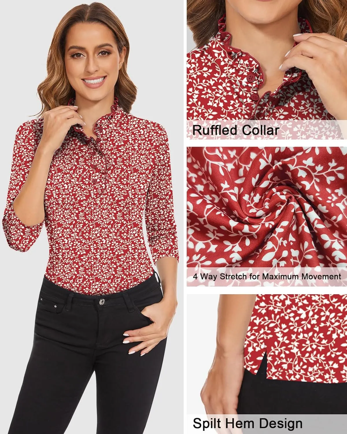 Soneven Womens 3/4 Sleeve Golf Shirts Ruffle Henley Collared Button Down Shirt Work Blouse