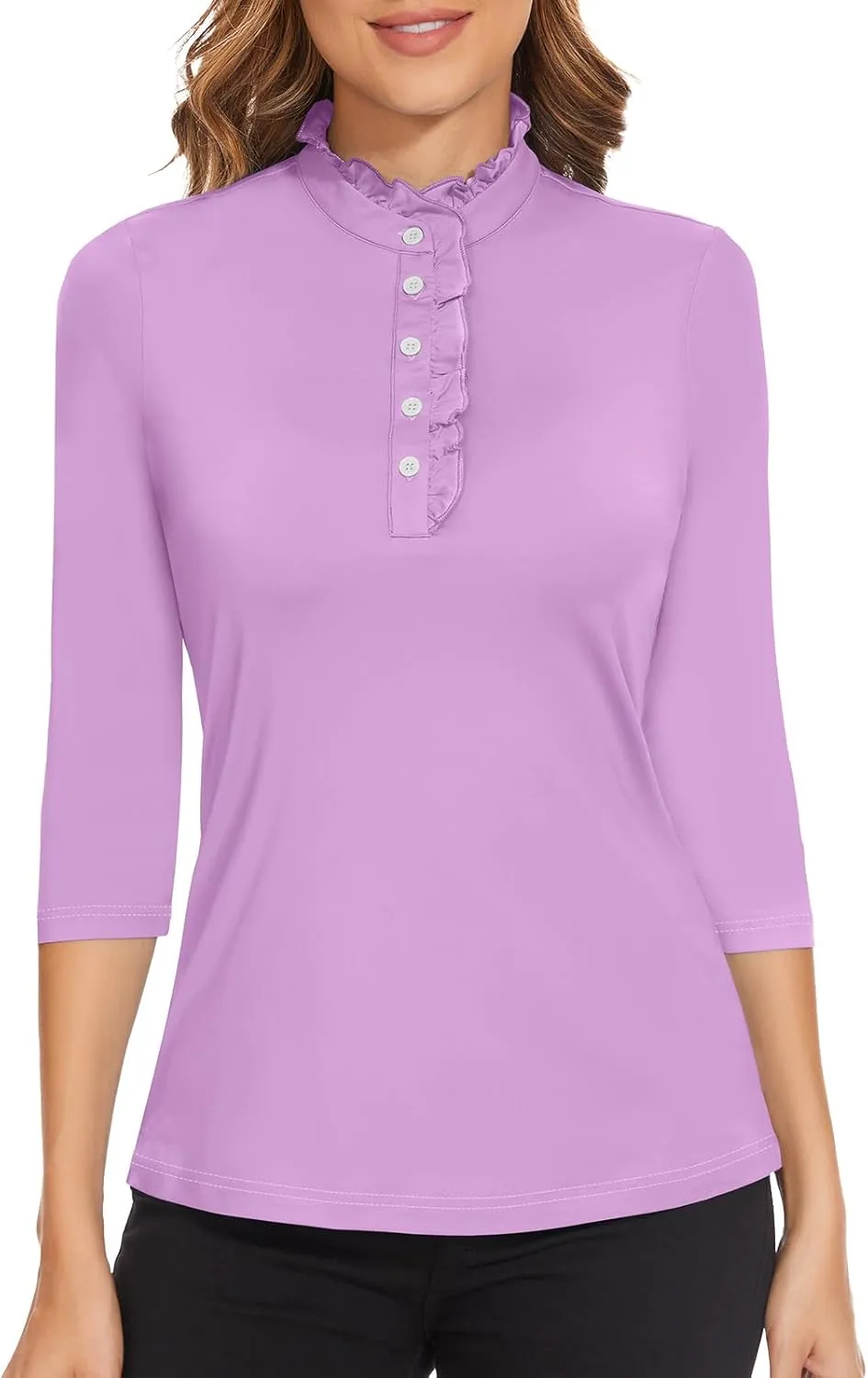 Soneven Womens 3/4 Sleeve Golf Shirts Ruffle Henley Collared Button Down Shirt Work Blouse