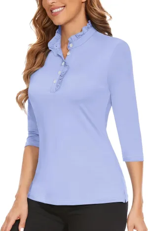 Soneven Womens 3/4 Sleeve Golf Shirts Ruffle Henley Collared Button Down Shirt Work Blouse
