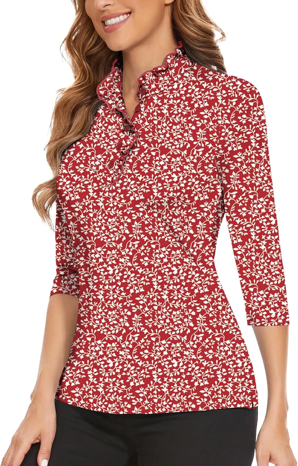 Soneven Womens 3/4 Sleeve Golf Shirts Ruffle Henley Collared Button Down Shirt Work Blouse