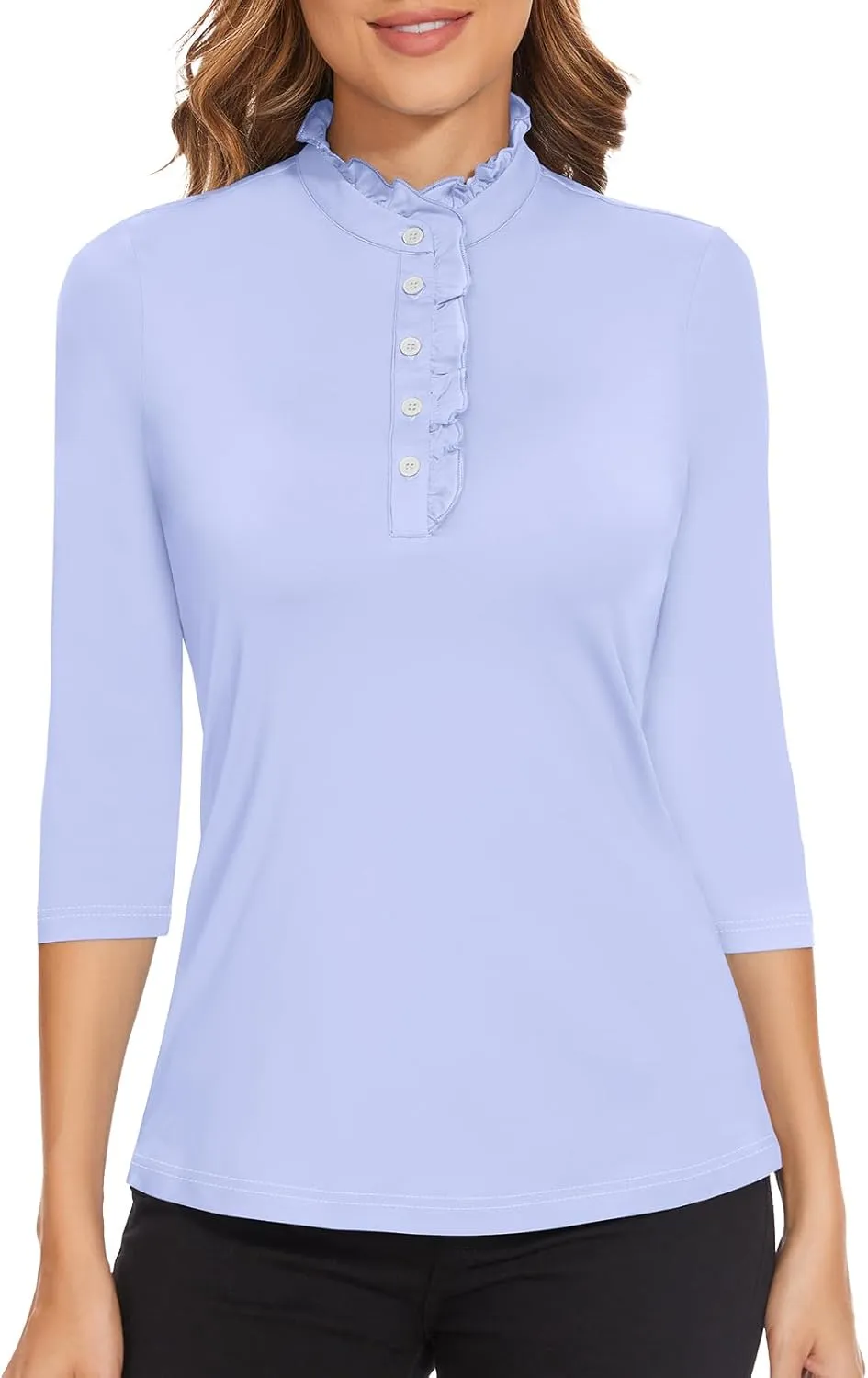 Soneven Womens 3/4 Sleeve Golf Shirts Ruffle Henley Collared Button Down Shirt Work Blouse