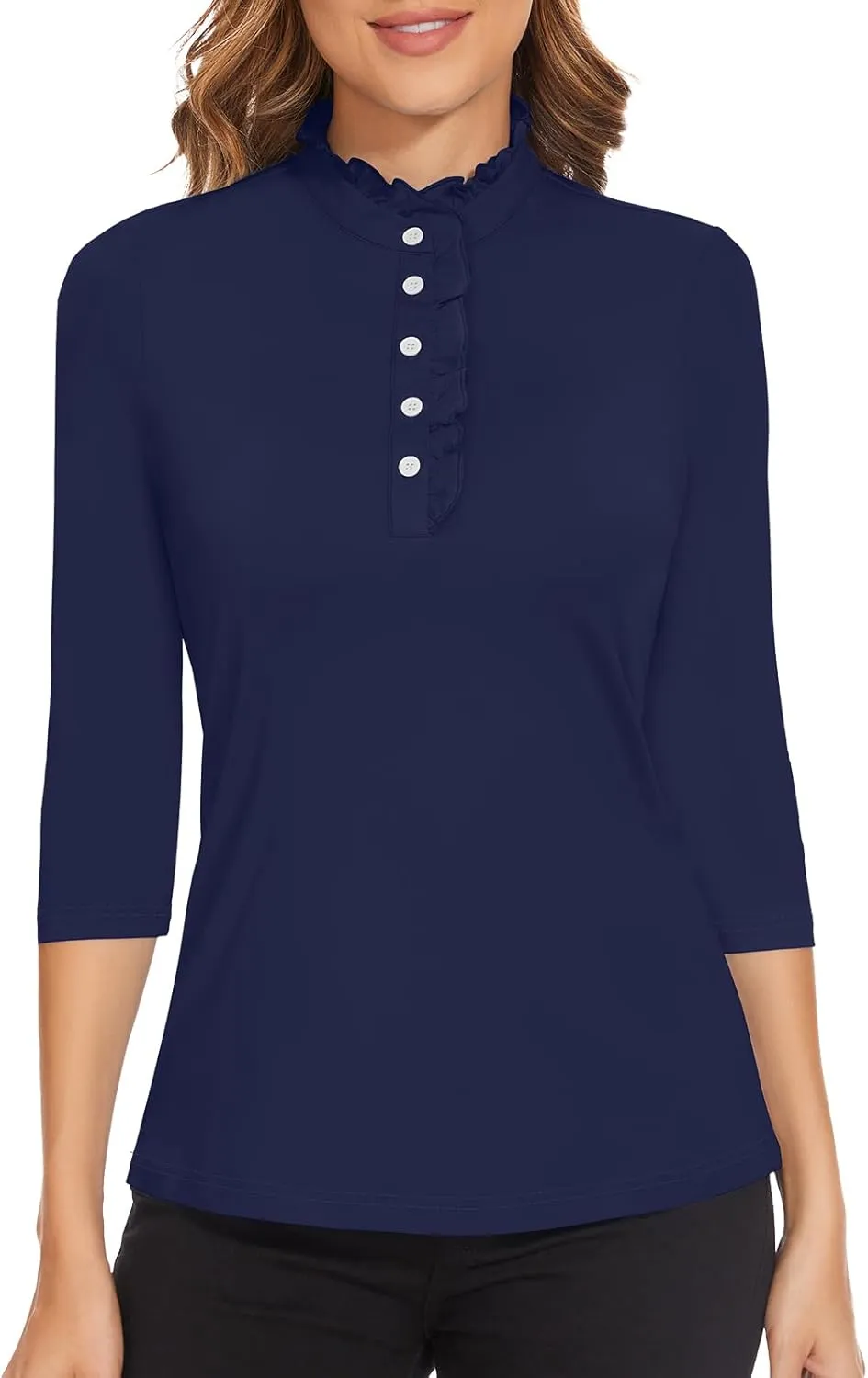 Soneven Womens 3/4 Sleeve Golf Shirts Ruffle Henley Collared Button Down Shirt Work Blouse