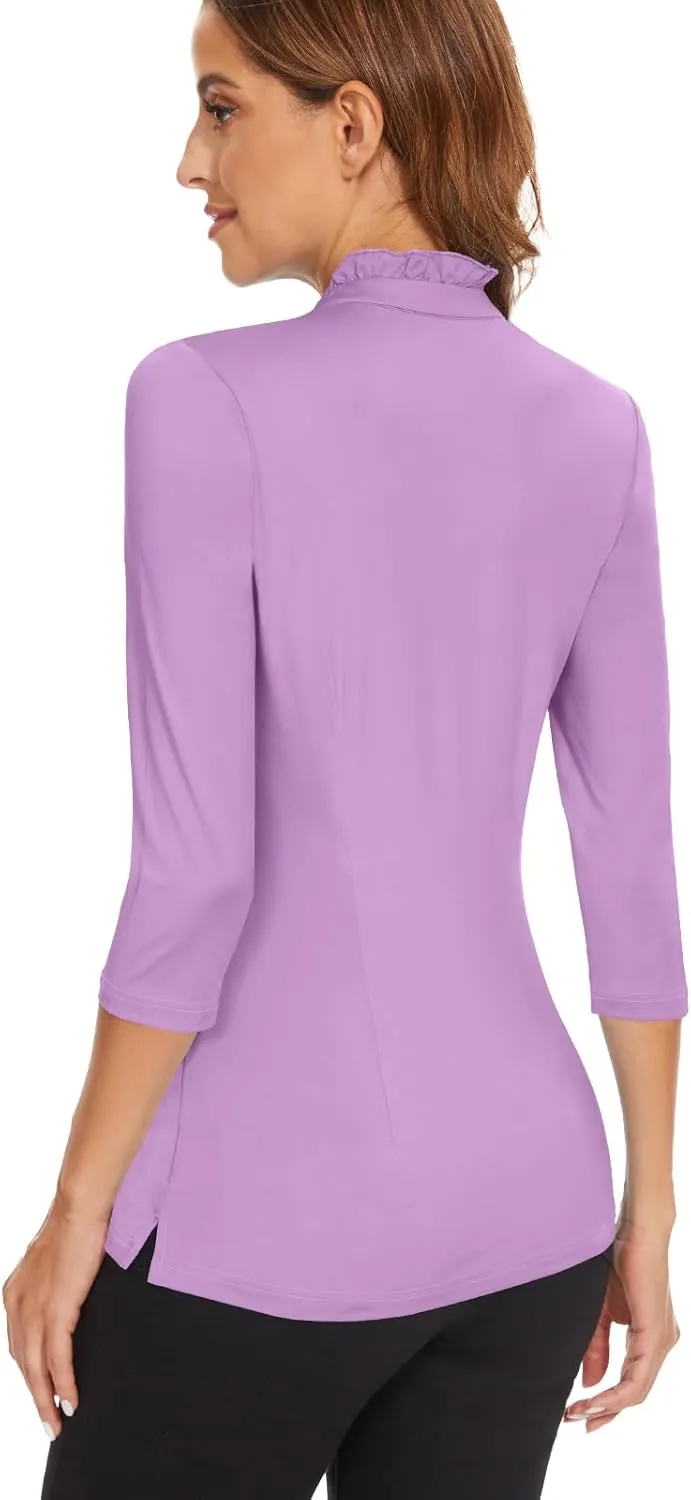 Soneven Womens 3/4 Sleeve Golf Shirts Ruffle Henley Collared Button Down Shirt Work Blouse