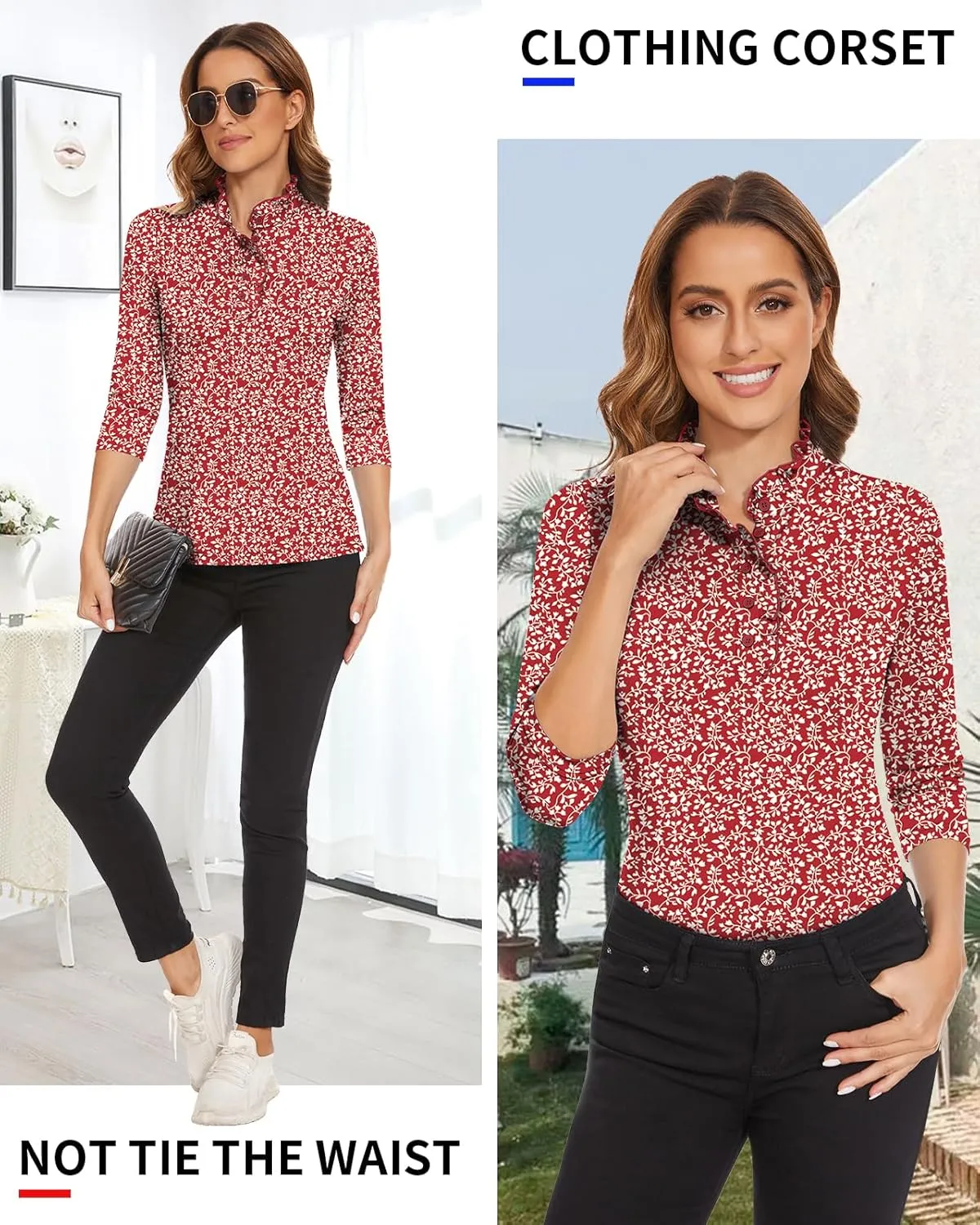Soneven Womens 3/4 Sleeve Golf Shirts Ruffle Henley Collared Button Down Shirt Work Blouse