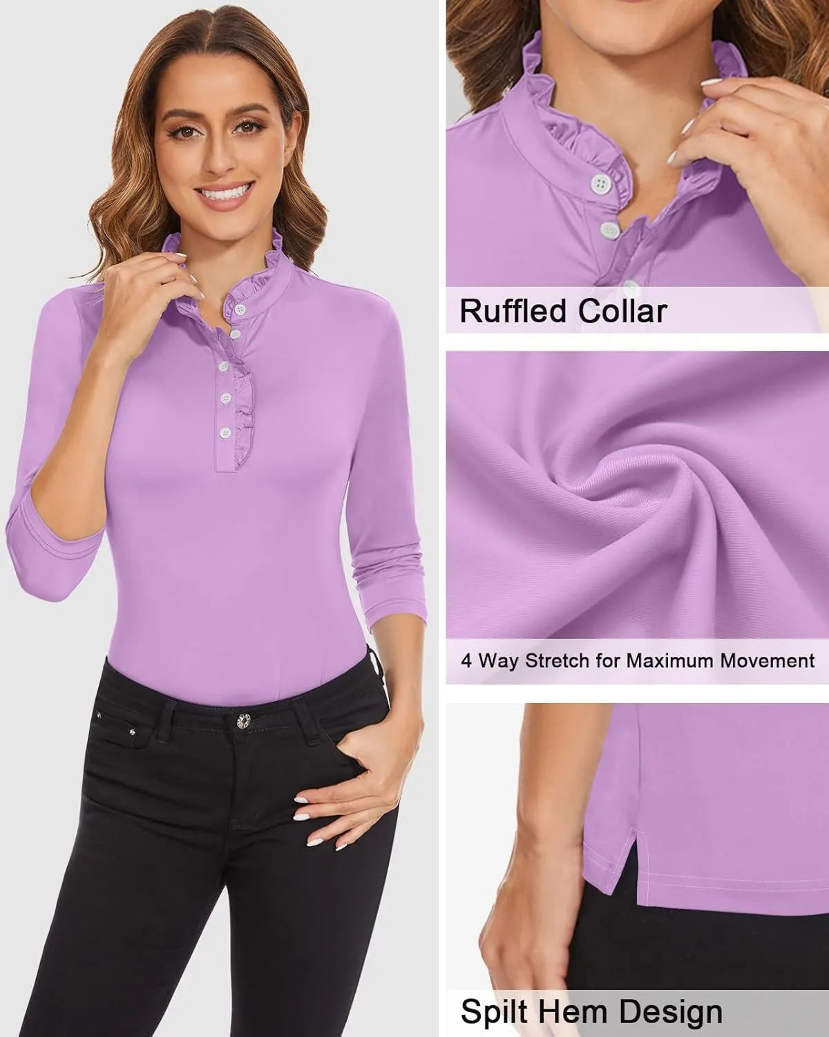 Soneven Womens 3/4 Sleeve Golf Shirts Ruffle Henley Collared Button Down Shirt Work Blouse