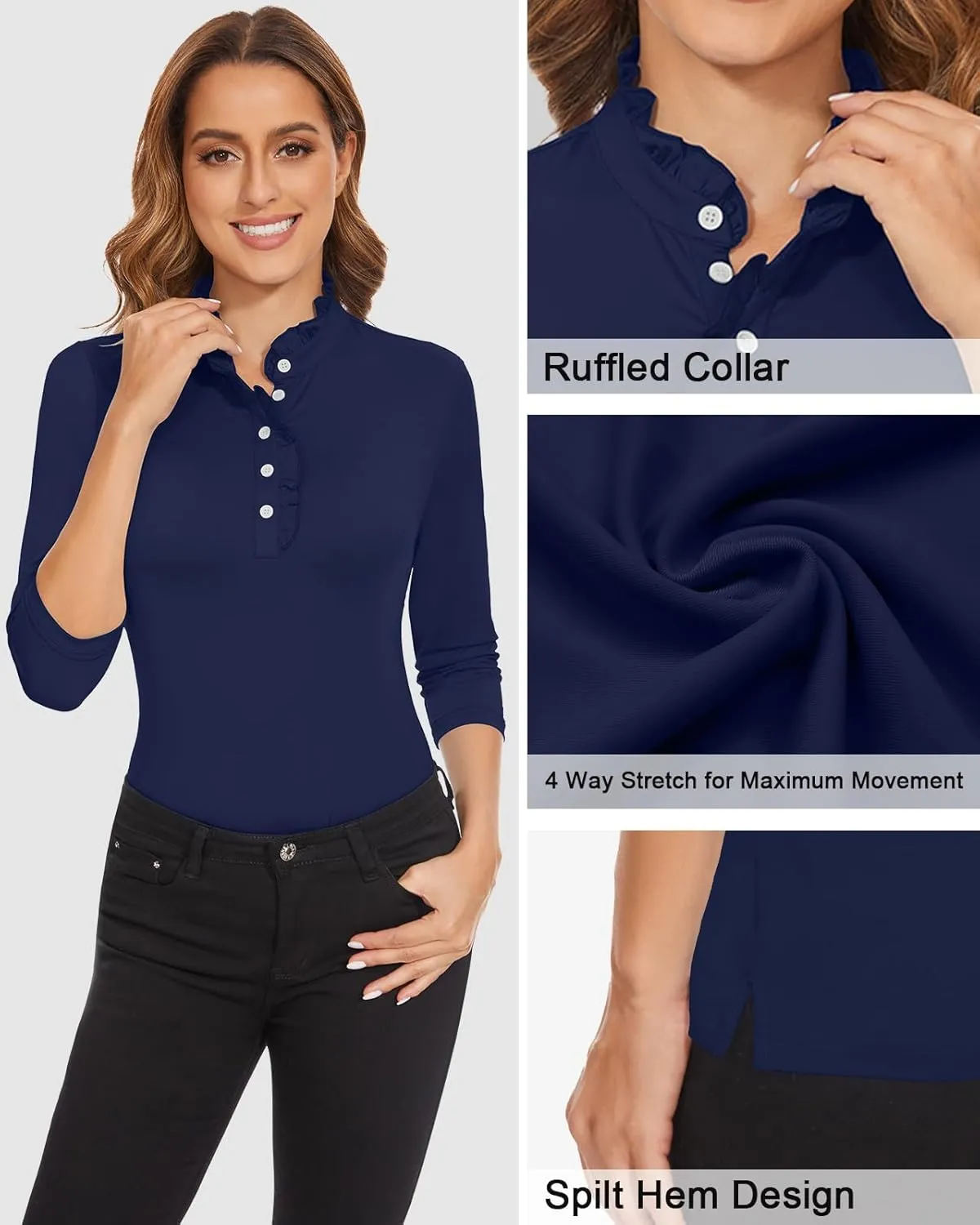Soneven Womens 3/4 Sleeve Golf Shirts Ruffle Henley Collared Button Down Shirt Work Blouse
