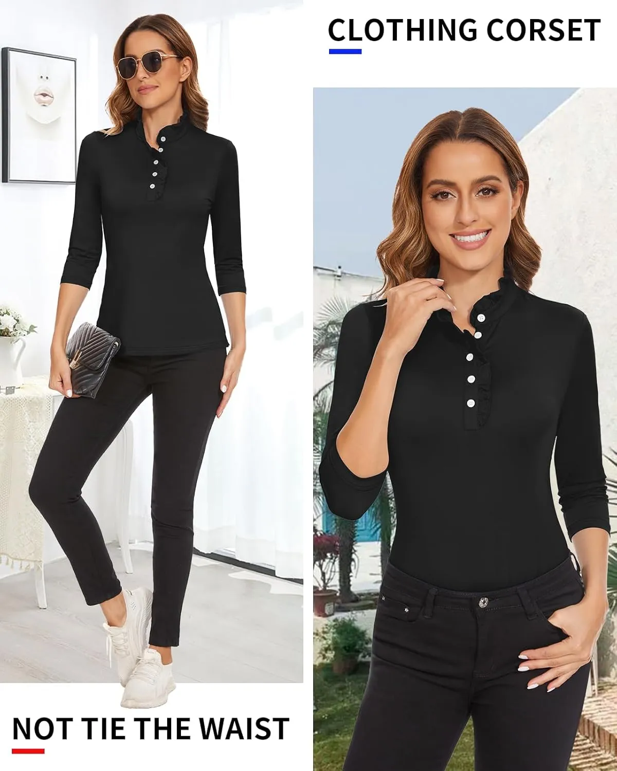 Soneven Womens 3/4 Sleeve Golf Shirts Ruffle Henley Collared Button Down Shirt Work Blouse
