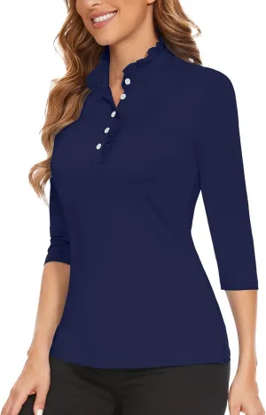 Soneven Womens 3/4 Sleeve Golf Shirts Ruffle Henley Collared Button Down Shirt Work Blouse