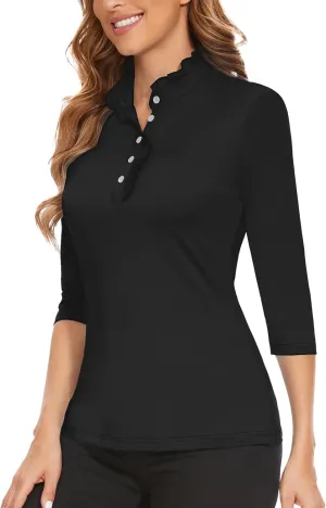 Soneven Womens 3/4 Sleeve Golf Shirts Ruffle Henley Collared Button Down Shirt Work Blouse