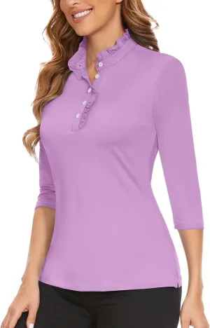 Soneven Womens 3/4 Sleeve Golf Shirts Ruffle Henley Collared Button Down Shirt Work Blouse