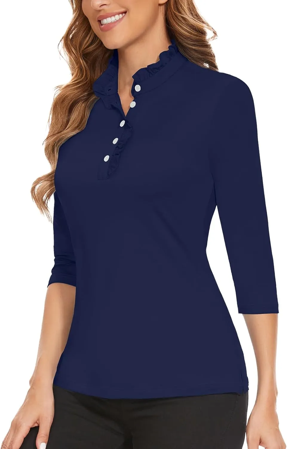 Soneven Womens 3/4 Sleeve Golf Shirts Ruffle Henley Collared Button Down Shirt Work Blouse